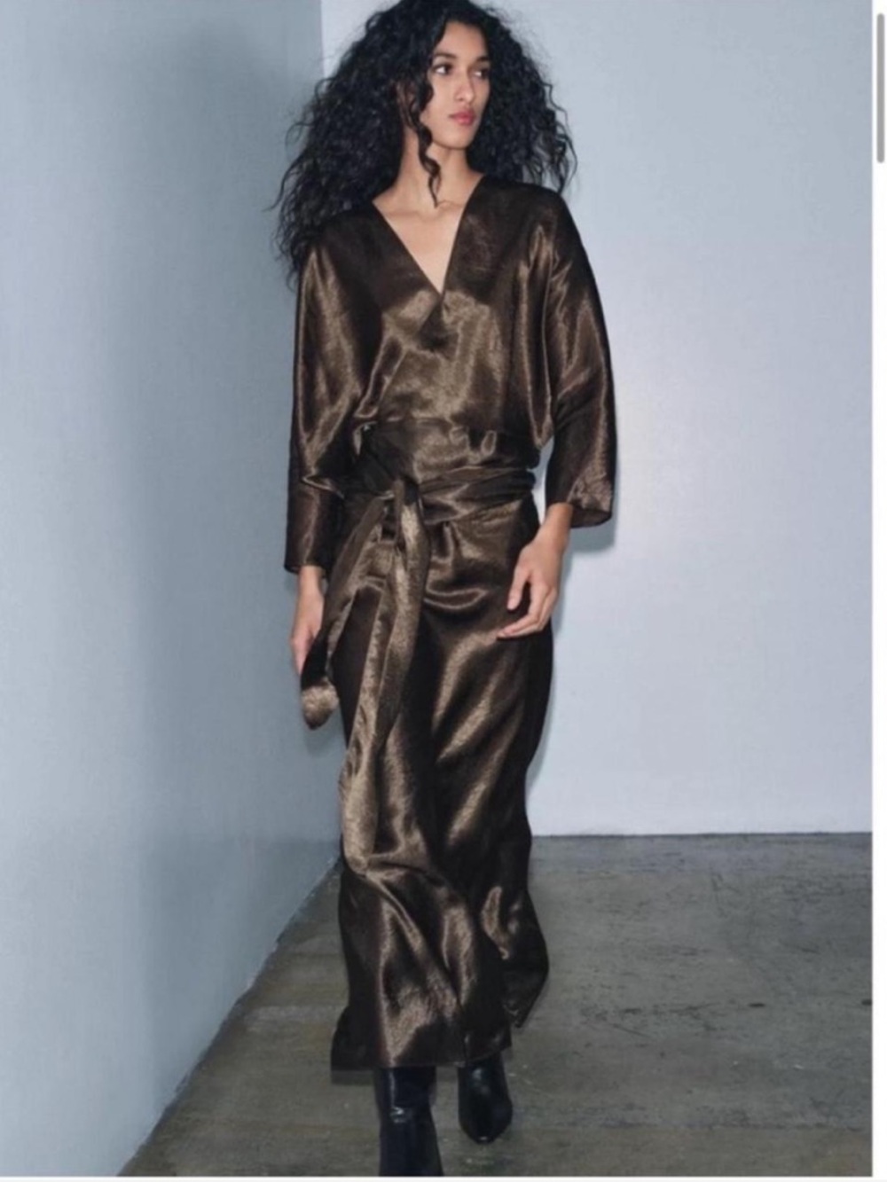 Zara Satin Deep Brown Long Robe Dress - Picture 3 of 5